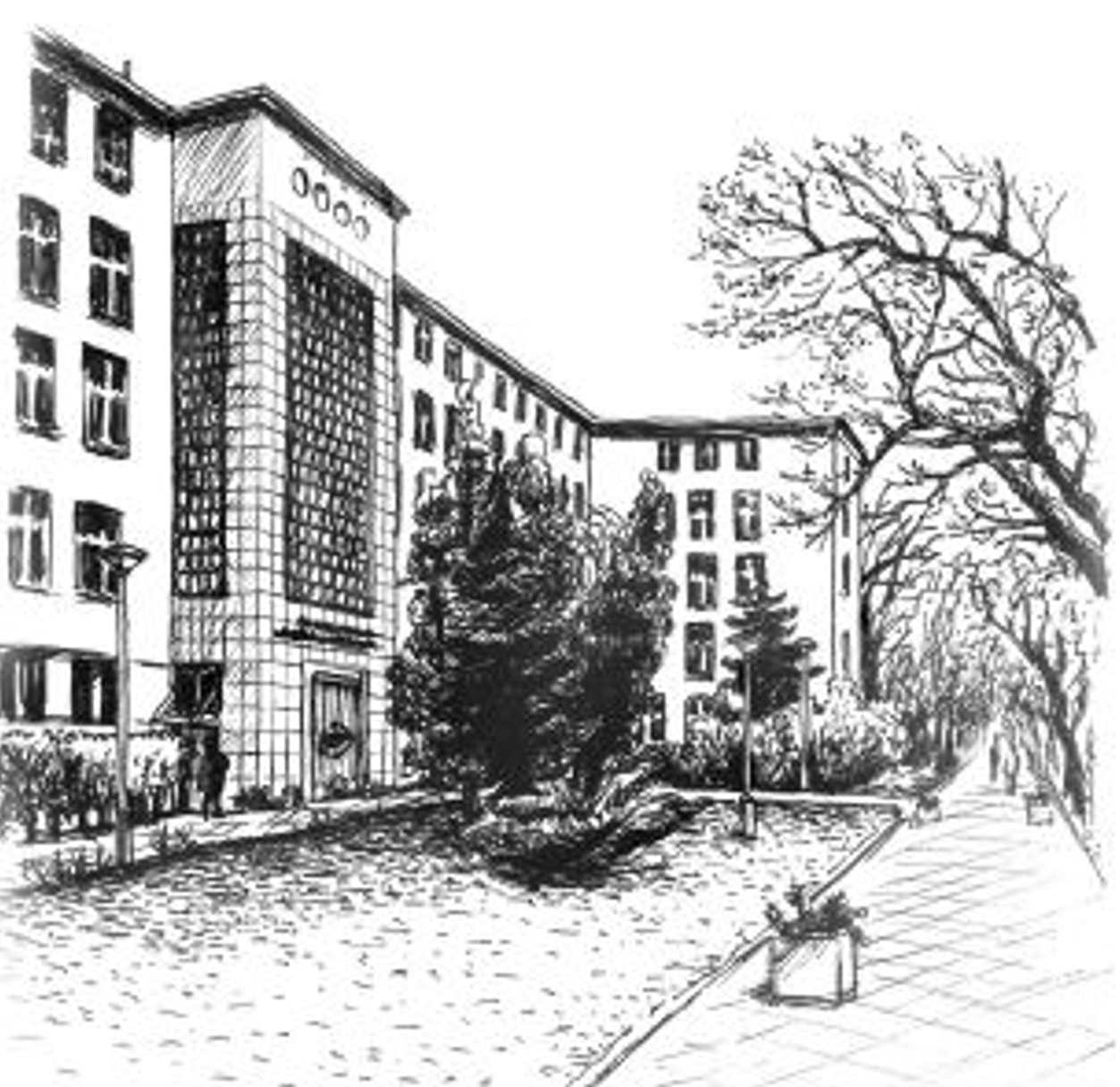 Czarno-biały widok perspektywiczny 4-piętrowego budynku z elementami zieleni na pierwzym planie