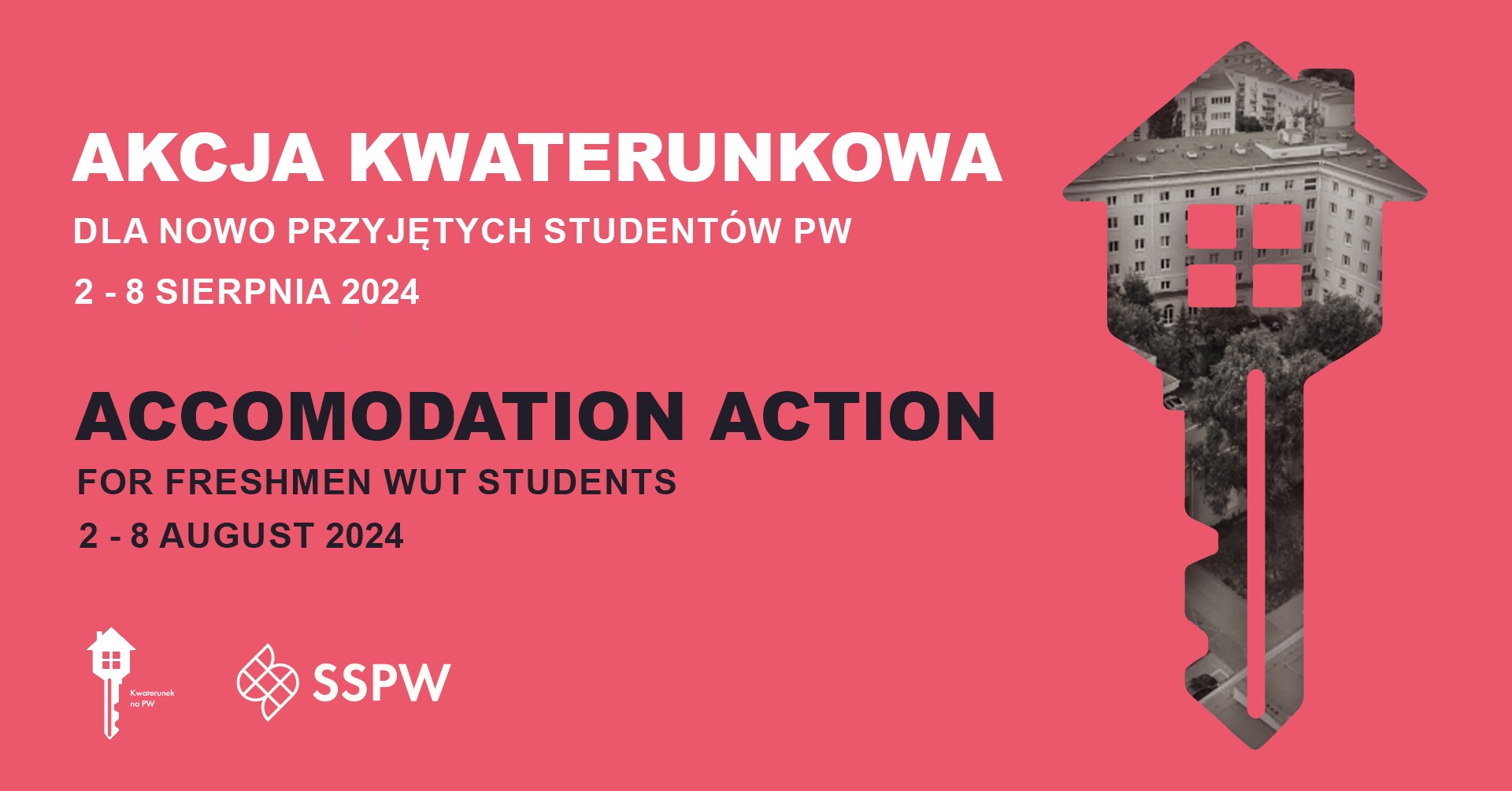 Grafika przedstawiająca kluczyk w kształcie domu z lewej strony oraz napis "Akcja kwaterunkowa dla nowo przyjętych studentów PW" z prawej strony