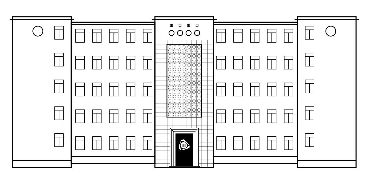 Schematyczny rysunek budynku Wydziału SiMR na białym tle.