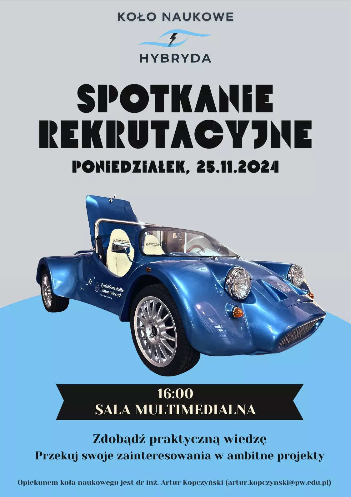 Tekst i grafika ze stylizowanym pojazdem na szaro-niebieskim tle