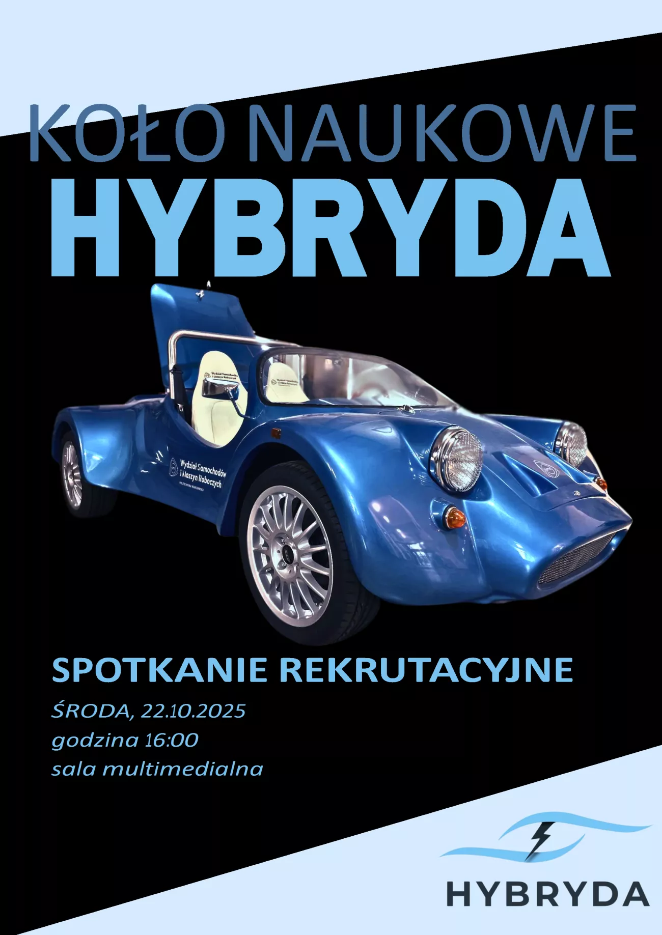 Tekst i stylizowany obraz bolidu wyścigowego